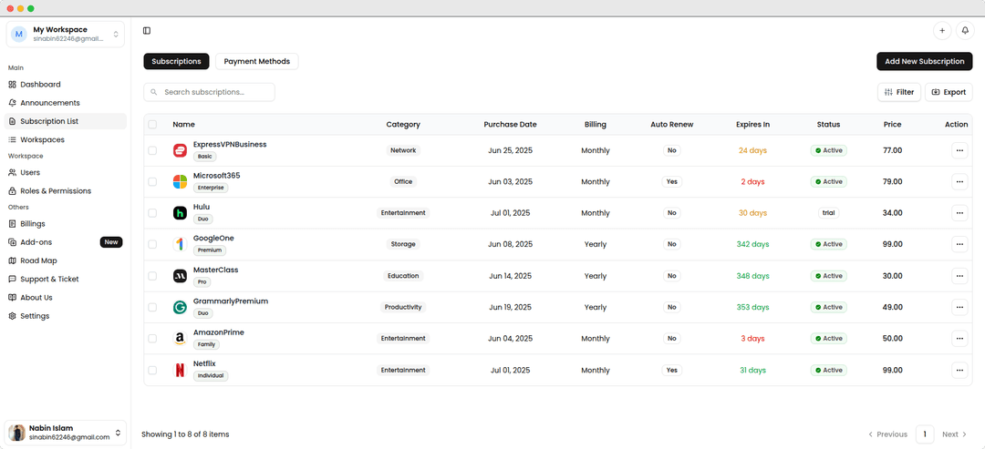 SubSavely Subscription List